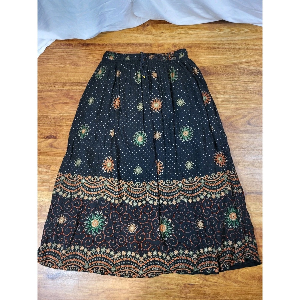 Royal Paisley Boho Paisley Painted Maxi Skirt Black Cotton Festival M Broom